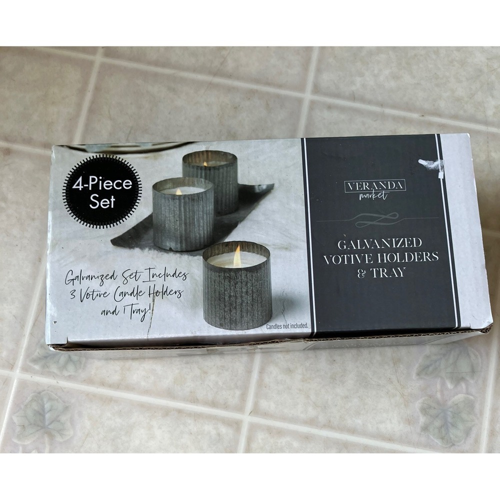 Veranda market‎ Galvanized tray and 3 votive holders No Candles New In box